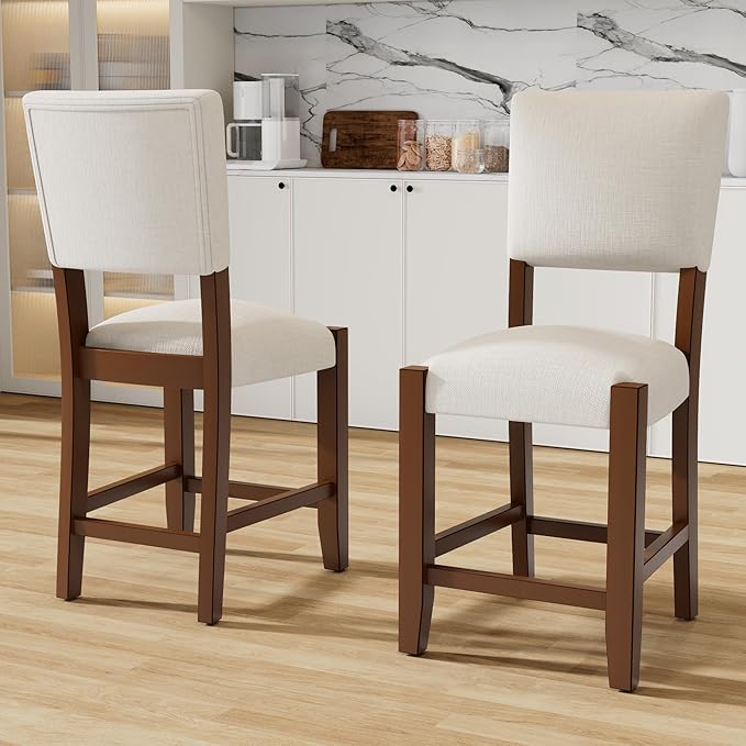 Bar Stools Set of 4, 40.4" Counter Stools with Back, Linen Upholstered Bar stools with Solid Wood Legs Bar Chairs for Kitchen Island Dining Room, Beige(4 Chairs)