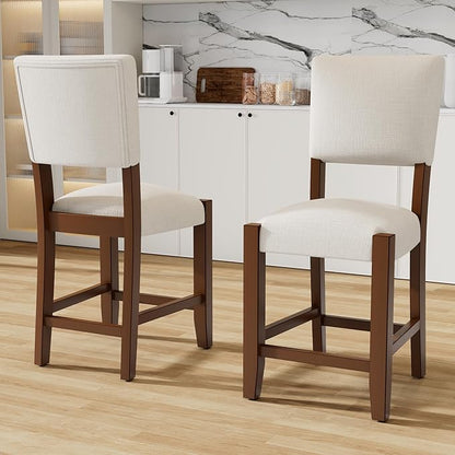 Bar Stools Set of 4, 40.4" Counter Stools with Back, Linen Upholstered Bar stools with Solid Wood Legs Bar Chairs for Kitchen Island Dining Room, Beige(4 Chairs)