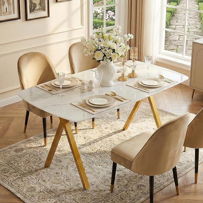51" White Marble Dining Table, 4-6 Person Modern Kitchen Dining Room Tables with Marble Pattern Tempered Glass Top and Gold X-Shaped Metal Base, Space Saving Rectangle Dinner Table for Home