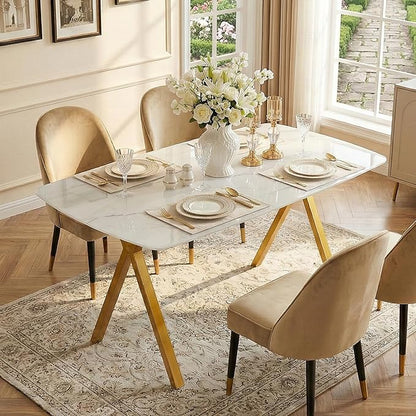 51" White Marble Dining Table, 4-6 Person Modern Kitchen Dining Room Tables with Marble Pattern Tempered Glass Top and Gold X-Shaped Metal Base, Space Saving Rectangle Dinner Table for Home