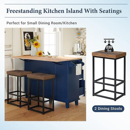 RUNNA Kitchen Island with Seating and Drop Leaf Farmhouse Kitchen Bar Table with Stools 3 Piece Dining Table Set with Storage Cabinet, Drawers and Towel Rack (Blue-Z)