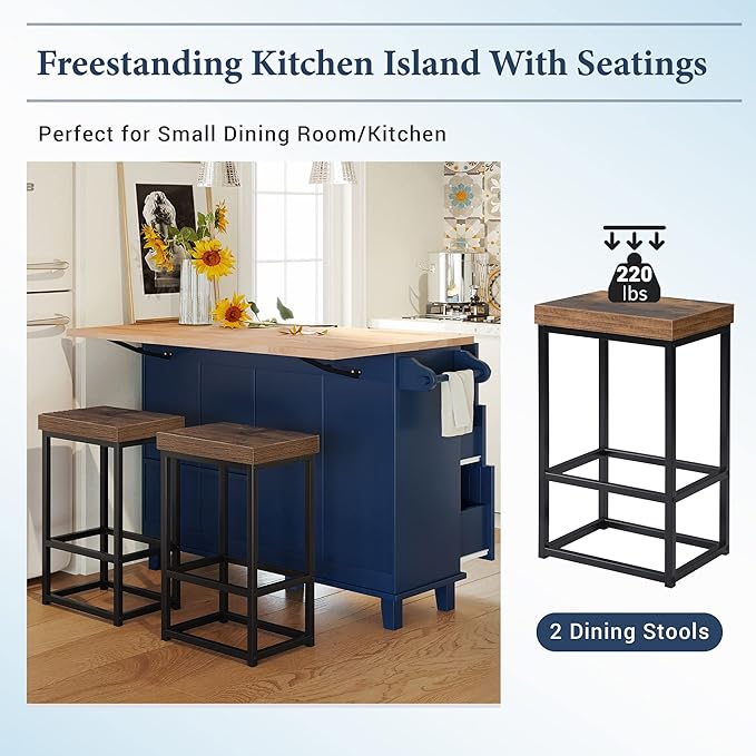 Farmhouse Kitchen Island Set, Rectangular Bar Table with 2 Seatings and Drop Leaf, Dining Table Set with Storage Cabinet, Drawers and Towel Rack for Kitchen, Restaurant, Living Room (Blue)