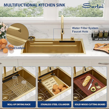 Sarlai 33 Inch Waterfall Kitchen Sink - 33x19 Gold Waterfall Drop In Sink Workstation Stainless Steel 16 Gauge Sink Multifunction Single Bowl Smart Top Mount Kitchen Sinks with Faucet Combo
