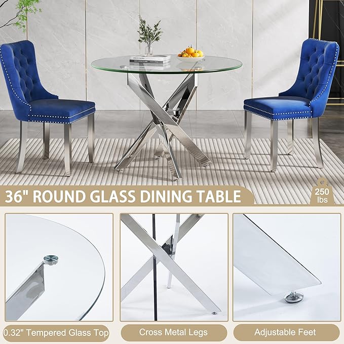 Round Dining Table, 36 Inch Glass Kitchen Table for 4 People, Tempered Glass Dinner Room Table with Black X Metal Legs, Modern Circle Small Coffee Table for Home Dining Room Kitchen Restaurant