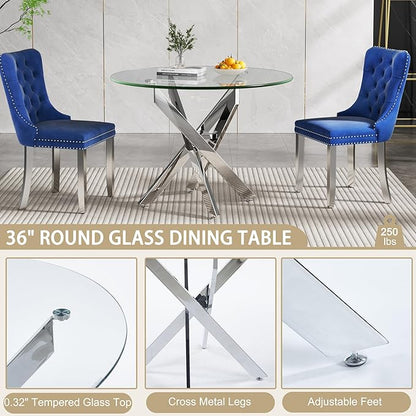 36" Round Dining Table for 4, Modern Clear Glass Kitchen Table for 4 with Silver X Metal Legs, Contemporary Small Circle Dining Room Leisure Tables for Kitchen Apartment