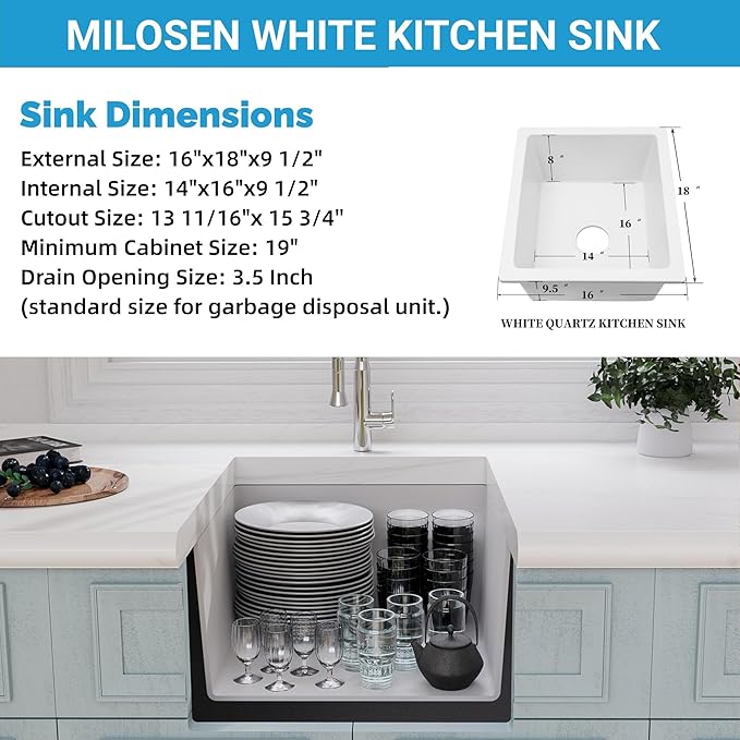 MILOSEN White Undermount Bar Sink, 16×18 Inch Small White Wet Bar or Prep Sink, 9 Inch Deep Granite Composite Outdoor Single Bowl Basin with Accessories, Small Quartz Sinks