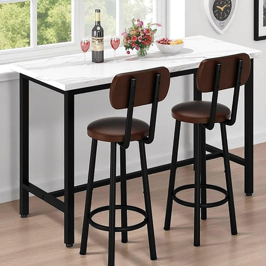 Recaceik Pub Table and Chairs Set of 2, 47" Dining Table Set with 2 PU Leather Upholstered Stools, 3-Piece Rectangle Small Space Kitchen Pub Table Set for Apartment Dining Room, Living Room, White