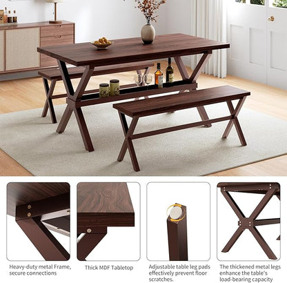 HIPIHOM 63" MDF Kitchen Table Set for 4 with Storage Shelves, Wooden Dining Table with 2 Benches, Thickened Surface and Strong Metal Frame, for Small Apartment Furniture Compact Dining Areas