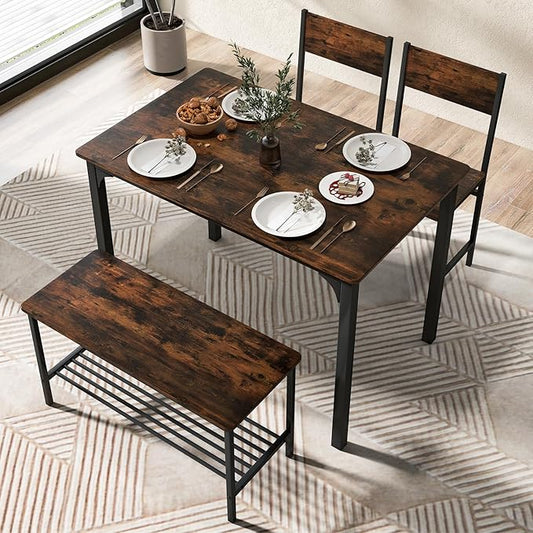 LDAILY Dining Table Set for 4, 4-Piece Wooden Kitchen Table and Chairs with Bench, Storage Rack & Metal Frame, Industrial Dining Room Table Set of 4 for Small Space, Apartment, Kitchen (Teak)