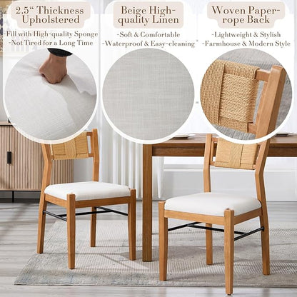 RIVOVA Farmhouse Woven Dining Chairs Set of 4 with Weave Paper Rope Back, Beige Linen Upholstered Kitchen & Dining Room Chairs with Natural Wood Legs, Mid-Century Armless Kitchen Side Chair