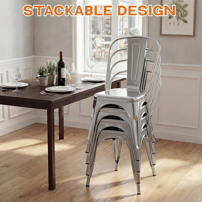 Shahoo Metal Dining Chairs Classic Iron Stackable Industrial Vintage Trattoria with Back, Indoor-Outdoor Side Settee for Home Bistro Cafe Kitchen Restaurant Set of 4, Sliver