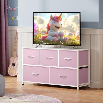 WLIVE Dresser for Bedroom with 5 Drawers, Wide Chest of Drawers, Fabric Dresser, Storage Organizer Unit with Fabric Bins for Closet, Living Room, Hallway,A-Pink