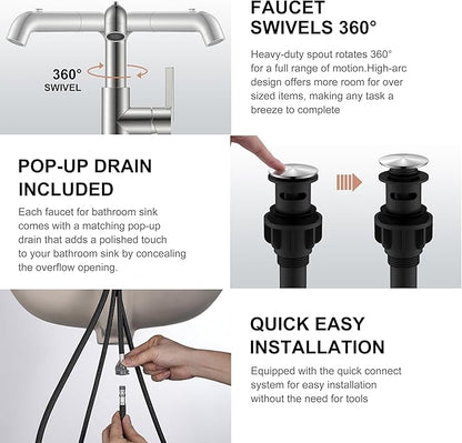 KENES Single Hole Bathroom Faucet with Pull Out Sprayer, Brushed Nickel Single Handle Pull Down Bathroom Faucets, Vanity Faucet with Pop Up Drain & Deck Plate, LJ-9055A