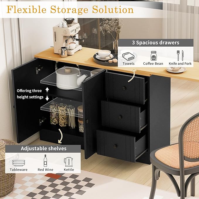 JIJIWANG 89.7'' Wooden Sideboard with Extendable Table,Multifunctional Storage Kitchen Island with 2 Doors and 3 Drawers,for Living Room,Study,Foyer and Kitchen, Black+Natural