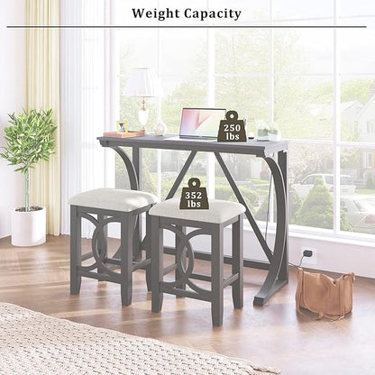 Polibi 3-Piece Farmhouse Counter Height Dining Set, Wood Kitchen Dining Table Set with USB Port and 2 Upholstered Stools for Small Places (Gray)