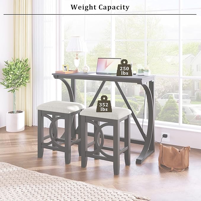 Merax Farmhouse 3-Piece Counter Height Dining Table Set with USB Port and 2 Upholstered Stools, Gray