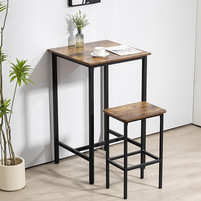 Finnhomy Bar Table, 23.6" Pub High Top, Square Bar Height, Counter Height Cocktail, Small Kitchen Set for 2, Breakfast for Kitchen, Living Room, Rustic Brown