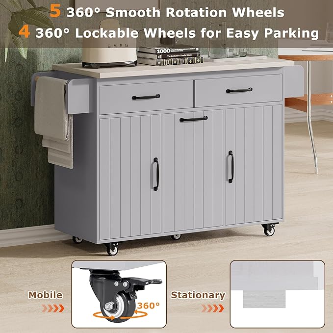RUNNA Kitchen Island with Trash Can Storage Cabinet, Kitchen Cart with Drop Leaf, Spice Rack, Towel Rack and Drawer, Rolling Kitchen Island on Wheels with Adjustable Shelf (Grey~81)