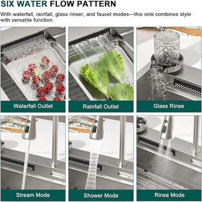 33 Inch Drop-In Single Bowl Kitchen Sink with Faucet, 16 Gauge 304 Stainless Steel Workstation All-In One Sink with Waterfall & Rainfall Outlet, Five-Hole Design, Cup Washer #TLWF-0026