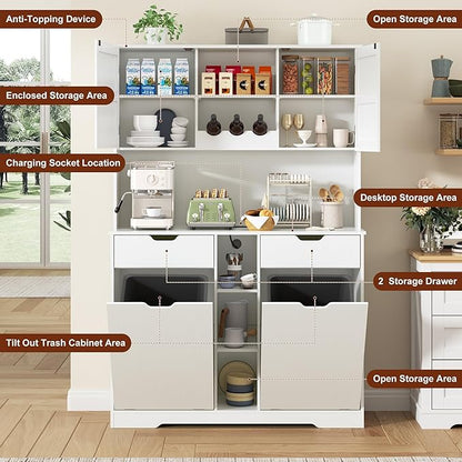 71"H Kitchen Pantry Storage Cabinet with Power Outlets and Two Drawers,10X2 Gallon Kitchen Hidden Double Tilt Out Trash Can Cabinet with Trash Bin Storage Holders,Laundry Hamper Cabinets(White)