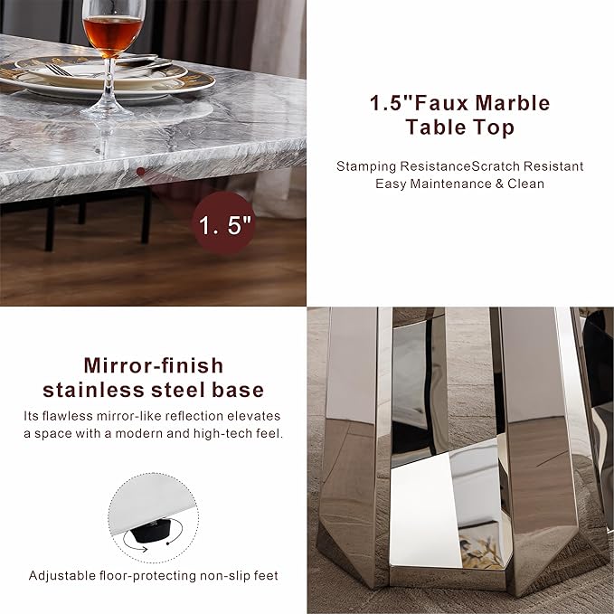 70" Marble Dining Table for 6-8, Modern Luxury Silver Rectangular Large Kitchen Table, Marble Grain MDF Tabletop & Stainless Steel Base, Dinner Furniture for Kitchen Dining Room, Meeting Room, Grey