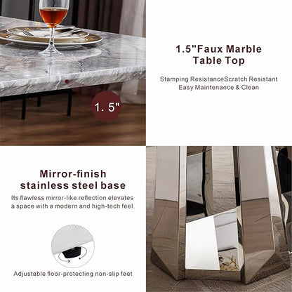 70" Marble Dining Table for 6-8, Modern Luxury Silver Rectangular Large Kitchen Table, Marble Grain MDF Tabletop & Stainless Steel Base, Dinner Furniture for Kitchen Dining Room, Meeting Room, Grey