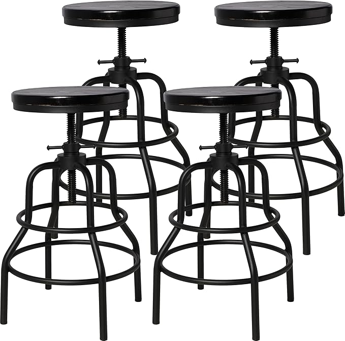 LOKKHAN 4-Pack Industrial Bar Stools, Heavy-Duty Black Metal Frame with Ergonomic Wood Seat, 360° Swivel Function, Height Adjustable (23.6" to 29.5") - Sturdy Design for Home & Commercial Use