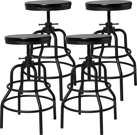 LOKKHAN 4-Pack Industrial Bar Stools, Heavy-Duty Black Metal Frame with Ergonomic Wood Seat, 360° Swivel Function, Height Adjustable (23.6" to 29.5") - Sturdy Design for Home & Commercial Use