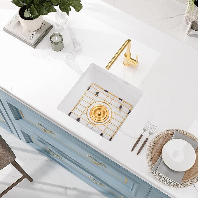 Rhbamoa 15 Inch White Bar Sink,Undermount Small Wet Bar Sinks 15''x15''x9'',9 Inch Depth White Single Bowl Quartz Kitchen Sinks with Accessories