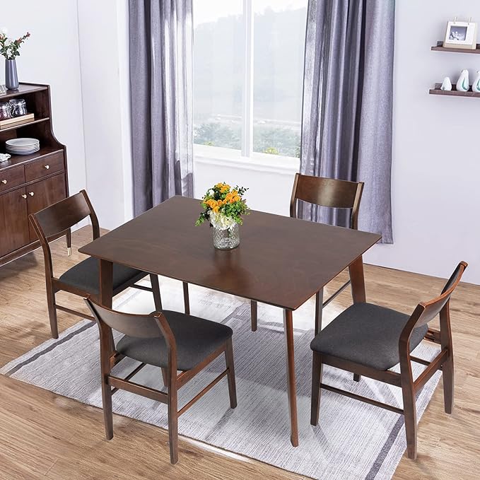Wood Kitchen Dining Set of 2 Mid-Century Farmhouse Chairs With Upholstered Seat & Curved Backrest - Solid Wooden Brown