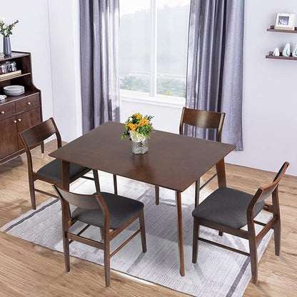 Wood Kitchen Dining Set of 2 Mid-Century Farmhouse Chairs With Upholstered Seat & Curved Backrest - Solid Wooden Brown