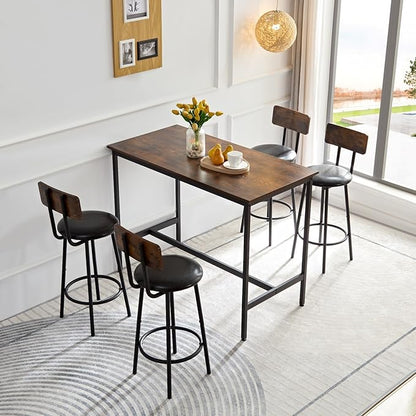 VIRITURE 5 Piece High Top Table Set Kitchen Bar Table and Bar stools Set for 4, Island Dining Table and Tall barstools,Counter Height Pub Small Table Set, Industrial, Rustic Brown (5PCS)