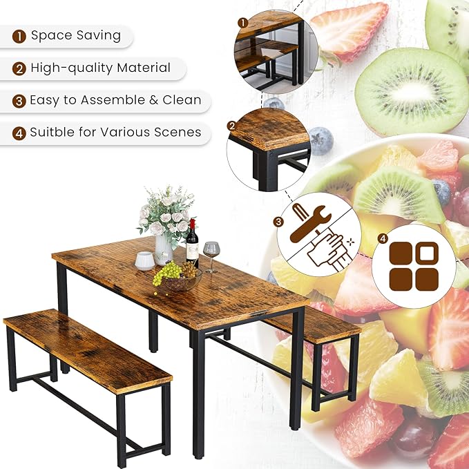 Recaceik 47" Dining Room Table Set with 2 Benches, Kitchen Dining Table Set for 4-6, Space Saving Kitchen Table and Chair Set for Dining Room, Small Space, Breakfast Nook(Brown)
