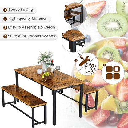 Recaceik 47" Dining Room Table Set with 2 Benches, Kitchen Dining Table Set for 4-6, Space Saving Kitchen Table and Chair Set for Dining Room, Small Space, Breakfast Nook(Brown)