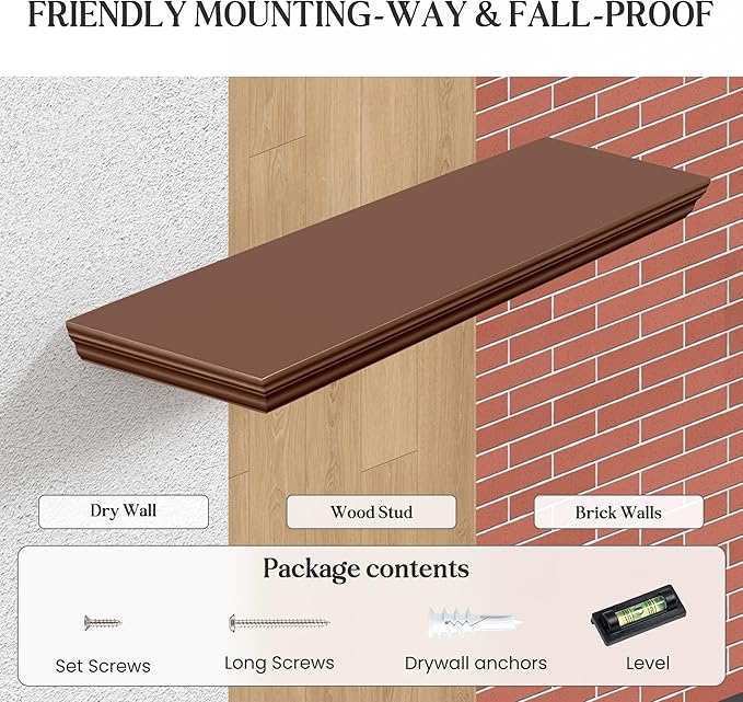 Fun Memories Floating Shelves 48 Inch Long, 9.3 Inch Deep Classic Crown Molding Floating Shelves for Wall, Rustic Wooden Shelves for Wall Decor Bathroom, Kitchen, Office, (Walnut, 1Pack)