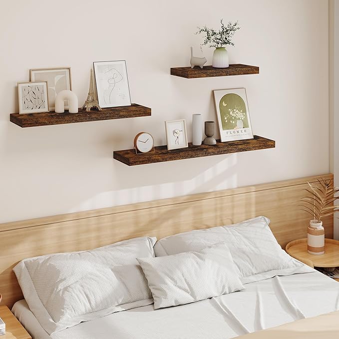 Vivelove Floating Shelves for Wall Mounted, 24 Inch Bathroom Shelves, Display Shelf for Living Room Kitchen Bedroom Office Farmhouse Home Decor, 24" X 9.3" X 1.5" - Set of 2, Rustic Brown