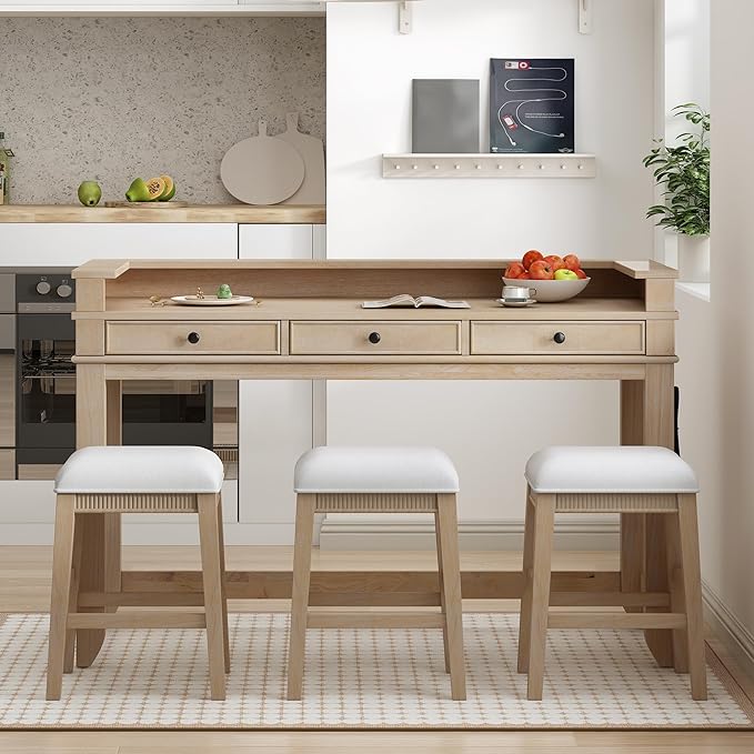 4-piece Dining Bar Table Set with 3 Upholstered Stools, Rubber Wood Counter Height Multifunctional Dining Table with 3 Drawers and USB Port, Side Table with Footrest Pub Kitchen Set (Natural-N2)