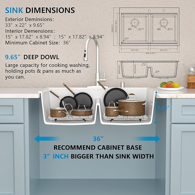 33 Granite Composite Kitchen Sink Double Bowl - Fulorni 33"x22" Granite Kitchen Sink White Ledge Workstation Drop in Topmount Double Bowl 50/50 Luxury Quartz Classic Above Counter Basin