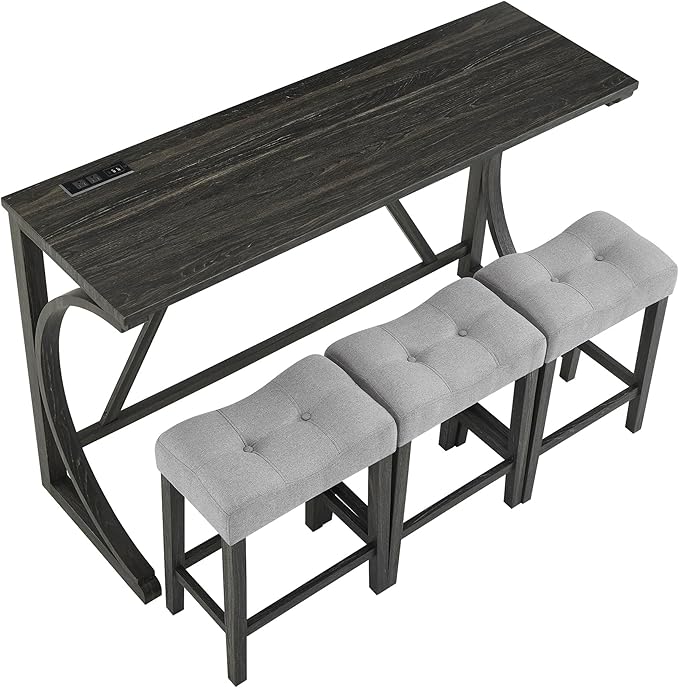 HABITRIO Bar Table and Chairs Set, 4 Piece Kitchen Table Set with Power Outlet, High Top Table with 3 Fabric stools for Small Space, Dining Room, Black