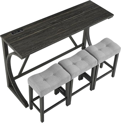 HABITRIO Bar Table and Chairs Set, 4 Piece Kitchen Table Set with Power Outlet, High Top Table with 3 Fabric stools for Small Space, Dining Room, Black