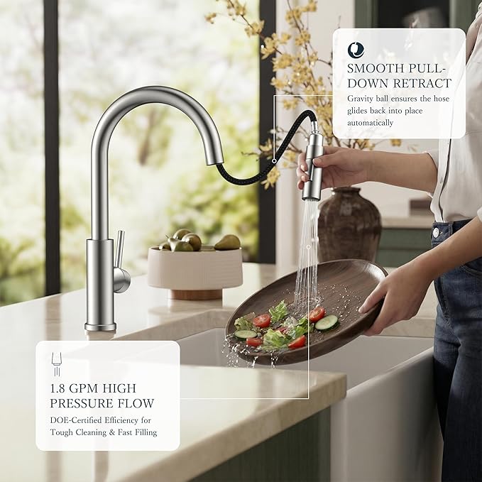 FORIOUS Kitchen Faucets with Pull Down Sprayer, Brushed Nickel Classic Single Handle Stainless Steel High Arc Faucet for Kitchen Sink, 1 Hole with Deck Plate Sink Faucet for Bar RV Farmhouse Laundry