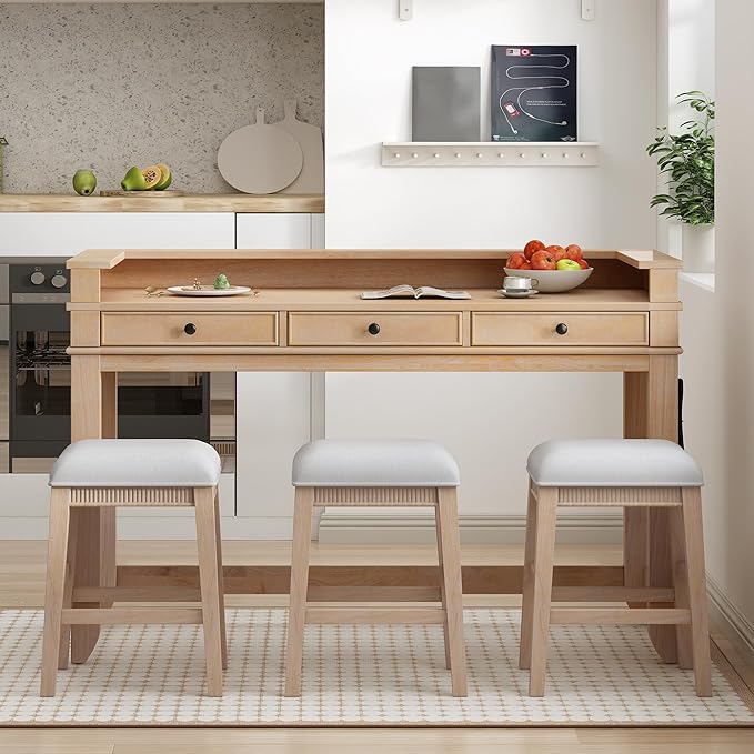 4-Piece Counter High Bar Table Set with Drawers & Charging Station,Counter Height Dining Table Set with Rectangle Table & 3 Upholstered Chairs,Retro Dinette sets for Breakfast Nook,Small Place,Natural