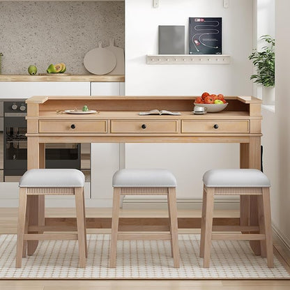 4-Piece Counter High Bar Table Set with Drawers & Charging Station,Counter Height Dining Table Set with Rectangle Table & 3 Upholstered Chairs,Retro Dinette sets for Breakfast Nook,Small Place,Natural