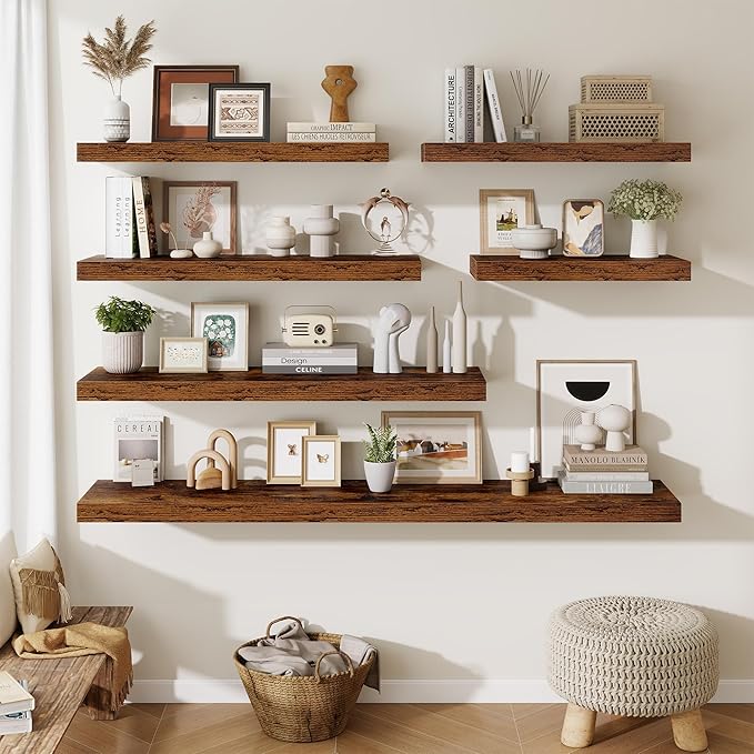 Fun Memories 12" Deep Floating Shelves for Wall, 36" W x 12" D Floating Shelves, Long Wood Floating Wall Shelf for Living Room Bathroom Bedroom Kitchen, Rustic Brown, Set of 2