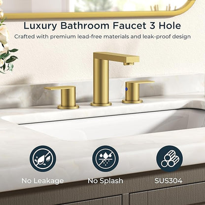FORIOUS Brushed Gold Bathroom Faucets 3 Hole, 8 Inch Widespread Bathroom Sink Faucet with Pop-up Drain and Cupc Supply Lines, 2-Handle for Vanity, Hotel Restroom