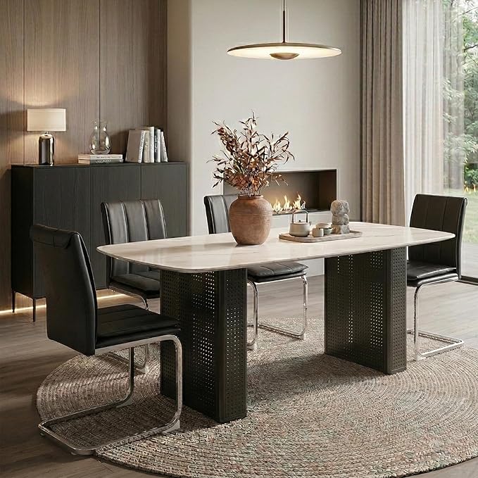 Heavy Duty Glass Dining Table, Rectangular Marble Pattern Surface, Elegant Black Dual-Pedestal Base, Adjustable Brackets for Stability, 6-8 Seater, Modern Luxury Centerpiece for Home Dining or Work