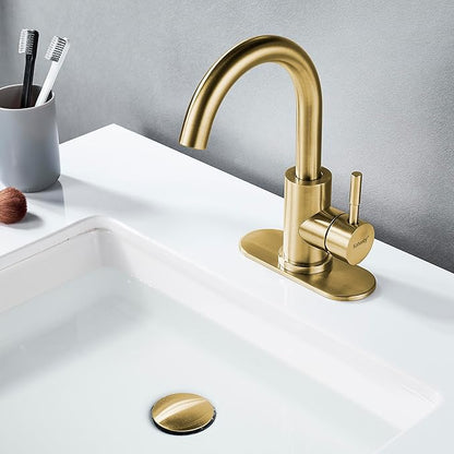 Bathroom Sink Faucet Single Hole Brushed Gold, Modern Single Handle Bathroom Faucet Commercial Stainless Steel Bar Faucet (Brushed Gold, with Drain)