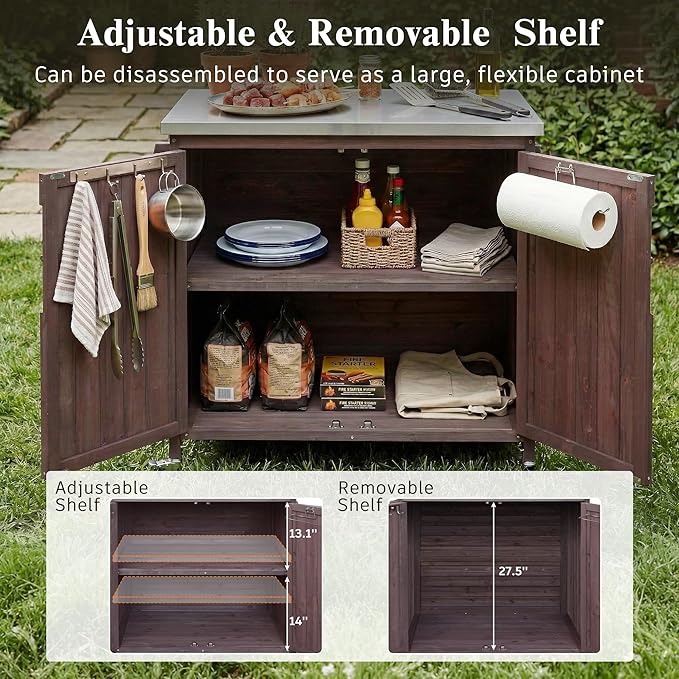 JIJIWANG 42.1" Outdoor Kitchen Island with Stainless Steel Top and Side Shelf, Outdoor Grill Cart with Storage Cabinet and Adjustable Shelves, Kitchen Cart on Wheels for Small Spaces Dark Brown