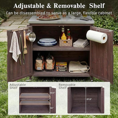 JIJIWANG 42.1" Outdoor Kitchen Island with Stainless Steel Top and Side Shelf, Outdoor Grill Cart with Storage Cabinet and Adjustable Shelves, Kitchen Cart on Wheels for Small Spaces Dark Brown