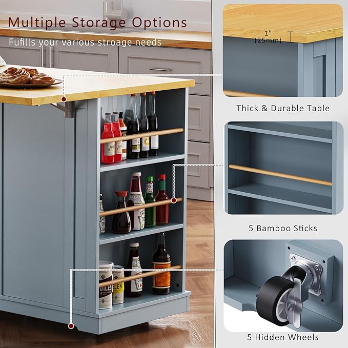 LUMISOL 53” Large Kitchen Island with 2 Bar Stools, Drop Leaf and Power Outlet, Rolling Kitchen Cart with Wheels, Door Internal Storage Rack and 5 Open Side Racks, Not Included Stools, Grey Blue